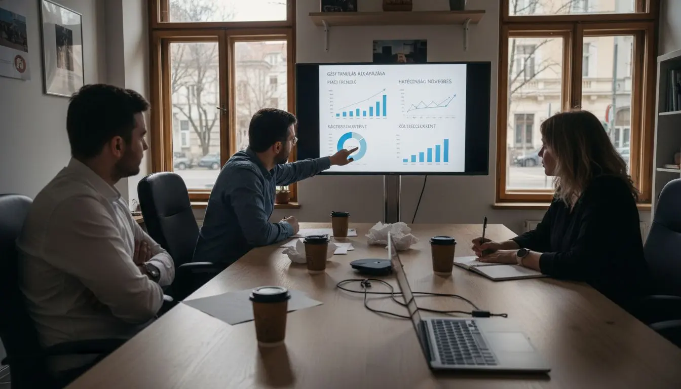 Három munkatárs éppen egy adatelemzéssel kapcsolatos előadáson vesz részt.