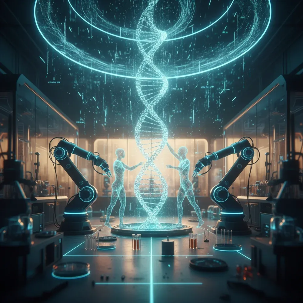 Futurisztikus kép, amely AI ügynököket ábrázol, amint komplex biológiai adatokkal interakcióba lépnek