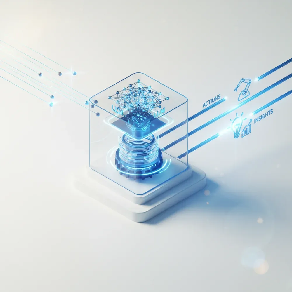 Diagram, amely egy AI adatfeldolgozó ügynök architektúráját mutatja be, bemenetekkel, magkomponensekkel és kimenetekkel