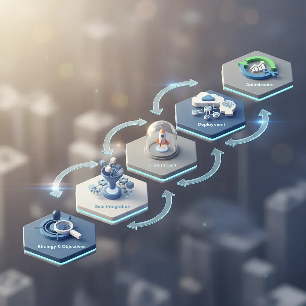 Folyamatábra, amely egy vállalati AI ügynök bevezetési ütemtervét vázolja fel