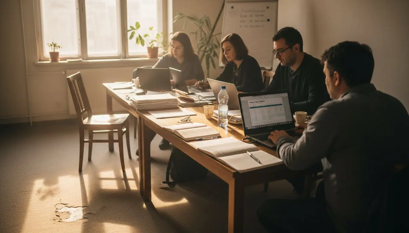Egy üzleti csapat közösen dolgozik egy mesterséges intelligenciával kapcsolatos projekten.