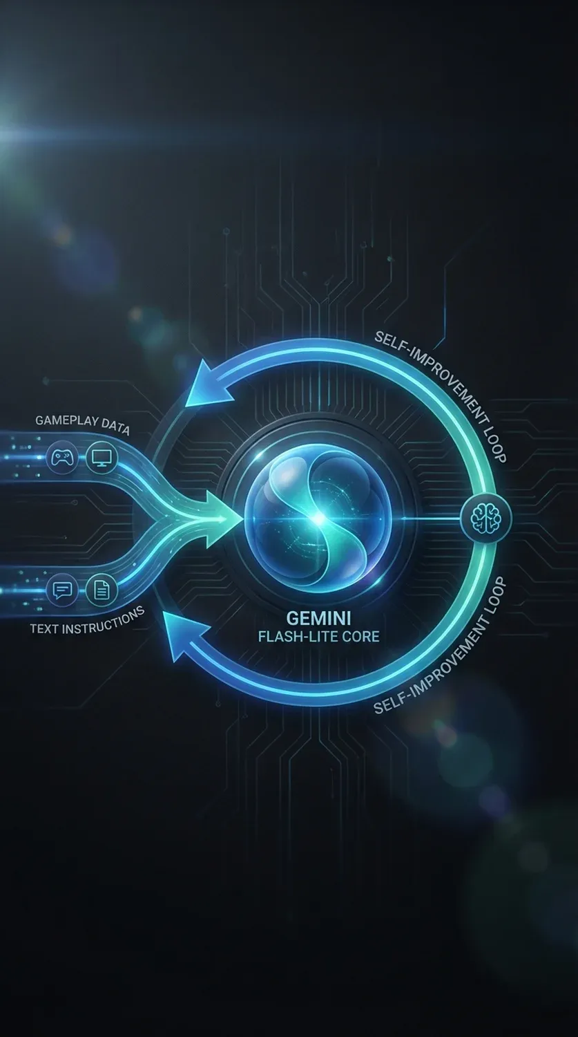 A SIMA 2 generalista AI architekturális diagramja, amely bemutatja, hogyan használja a Gemini modellt és az önfejlesztő ciklust a tanuláshoz.