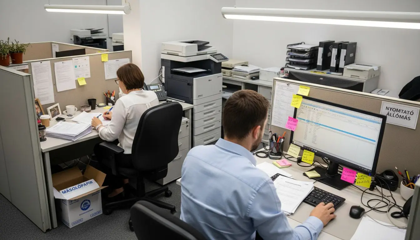 Kollégák dolgoznak kissé rendetlen irodai boxokban, ahol mindenhol papírok és bögrék hevernek.